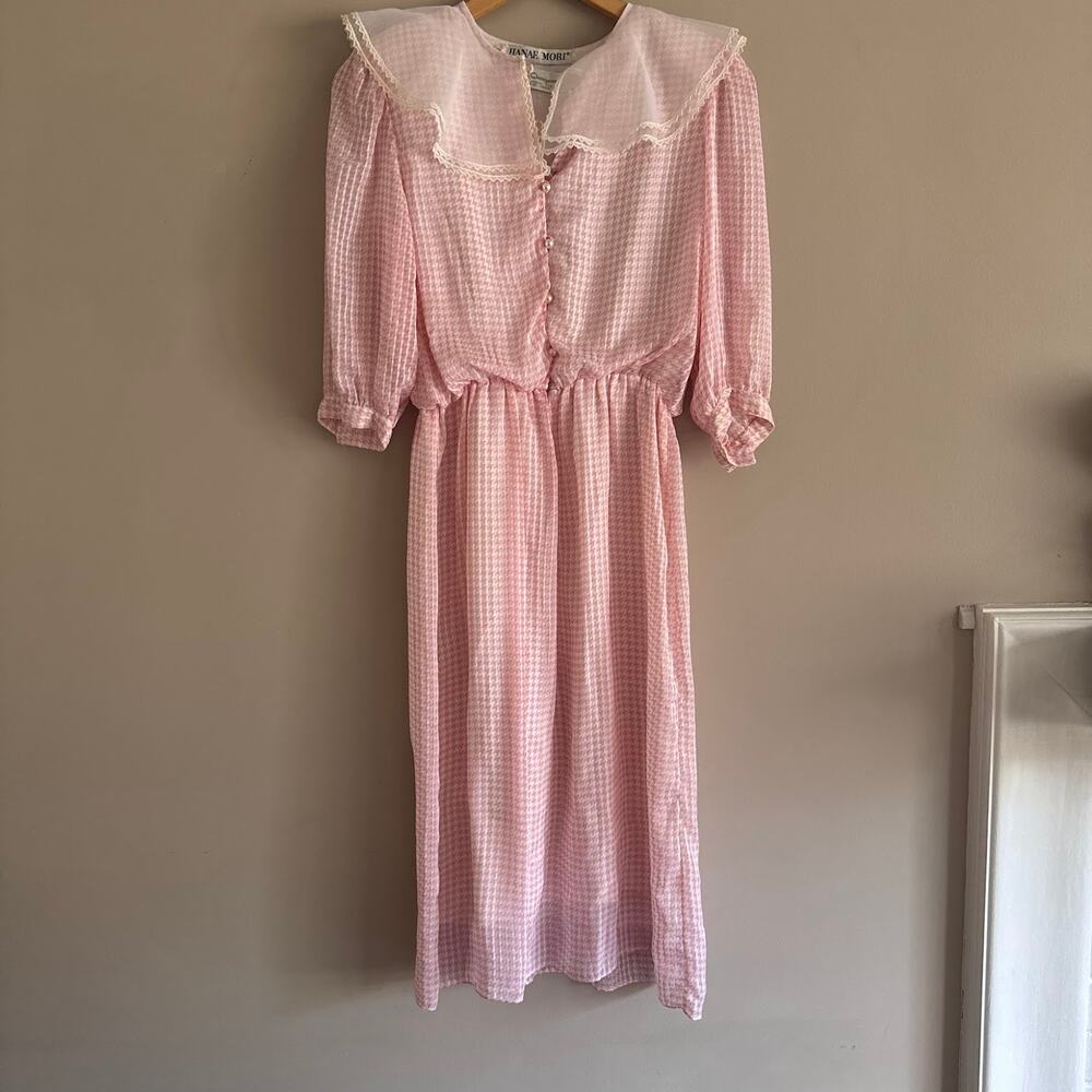 Hanae Mori Ruth Chagnon Vintage Dress Pink Gingham Lace Trim Collar Prairie 6